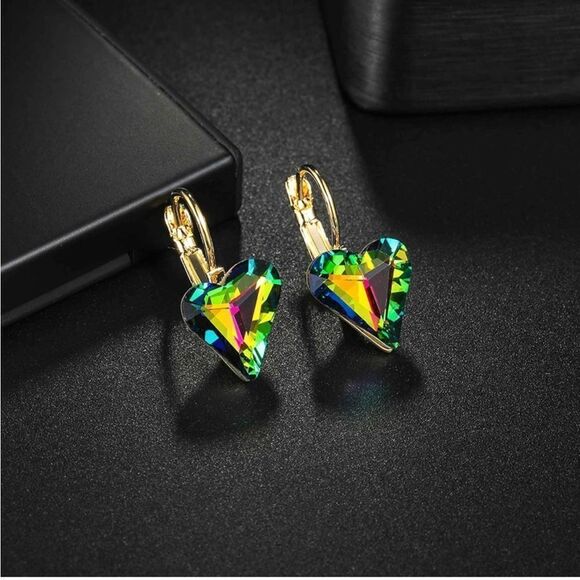 14K Yellow Gold with Vitrail Medium Austrian Crystal Heart Leverback Earrings - Picture 3 of 5